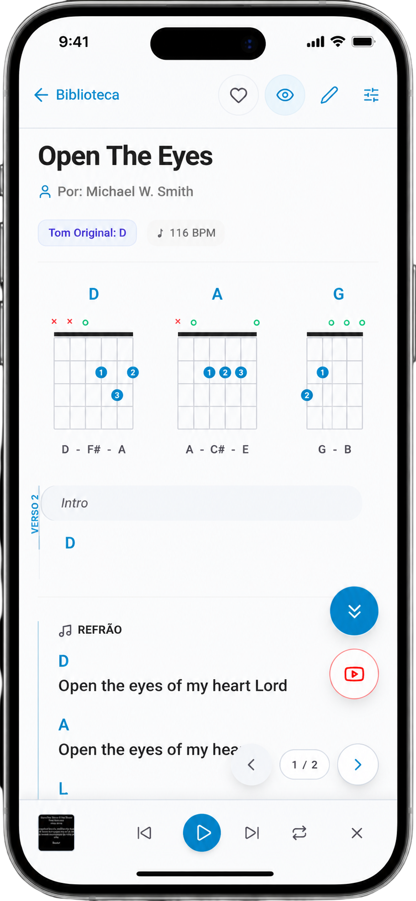 Pré-visualização da app móvel do Hosanna a mostrar uma cifra com controlos de transposição